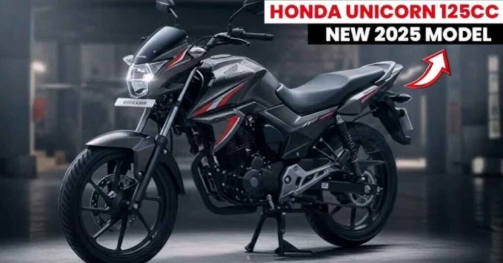 Honda Unicorn 2025 model black color with sleek design and powerful engine, India road view.