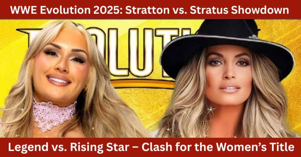 WWE Evolution 2025 women’s championship match between Tiffany Stratton and Trish Stratus with dramatic face-off and title on the line