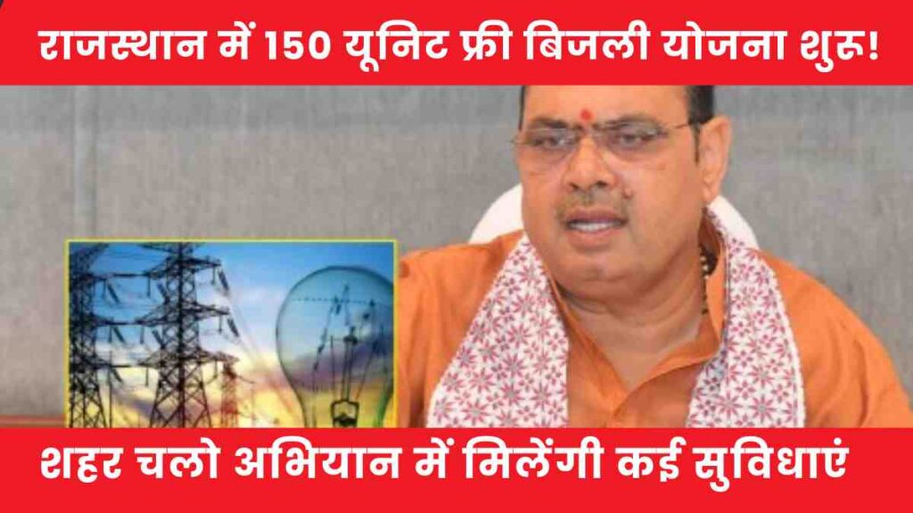 Rajasthan CM Bhajanlal Sharma announcing free 150 unit electricity scheme and urban development campaign during review meeting