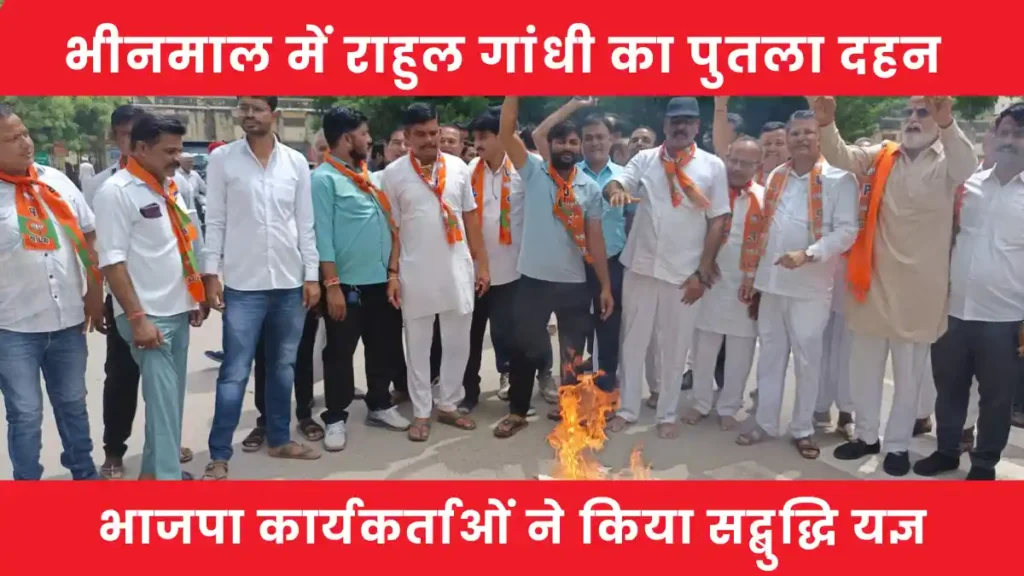 BJP workers burning Rahul Gandhi effigy during Sadbuddhi Yagya protest in Bhinmal